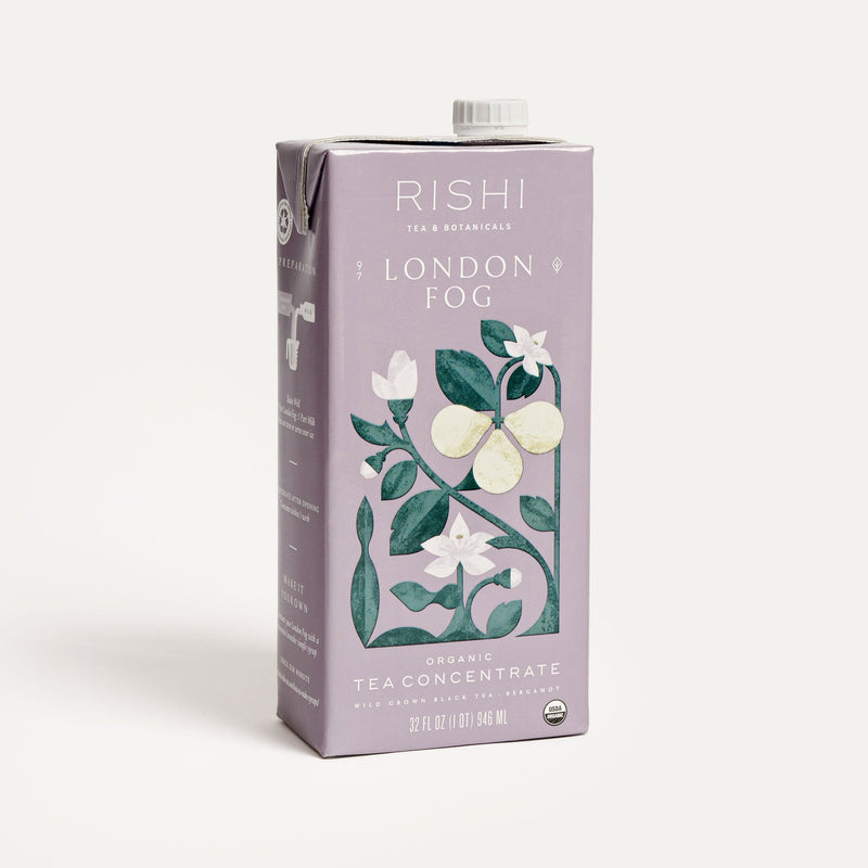 A box of London Fog Concentrate from Rishi Tea & Botanicals on a white background.