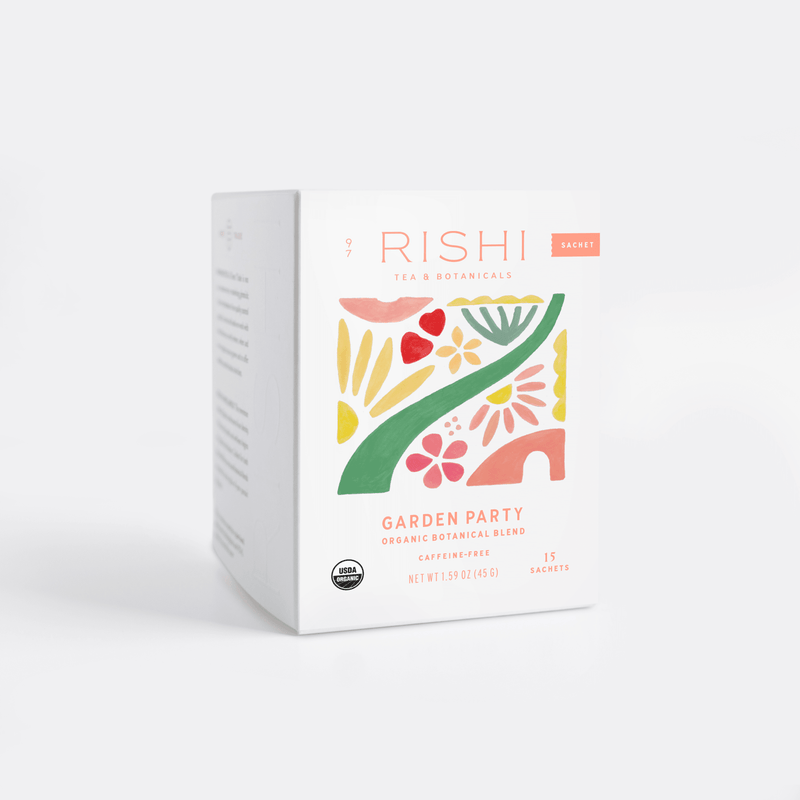 A box of Rishi Tea & Botanicals Garden Party blend with soothing chamomile, 15 sachets, and vibrant abstract floral artwork on the front.